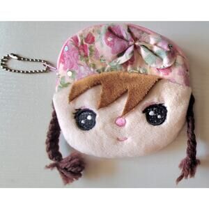 Girl Doll Face With Braids Coin Change Cosmetic Plush Purse with Key Chain New